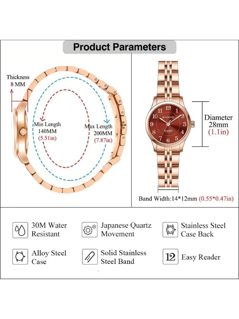 Women's Rose Gold Brown Solid Stainless Steel Band Easy to Read Dial Wrist Watch